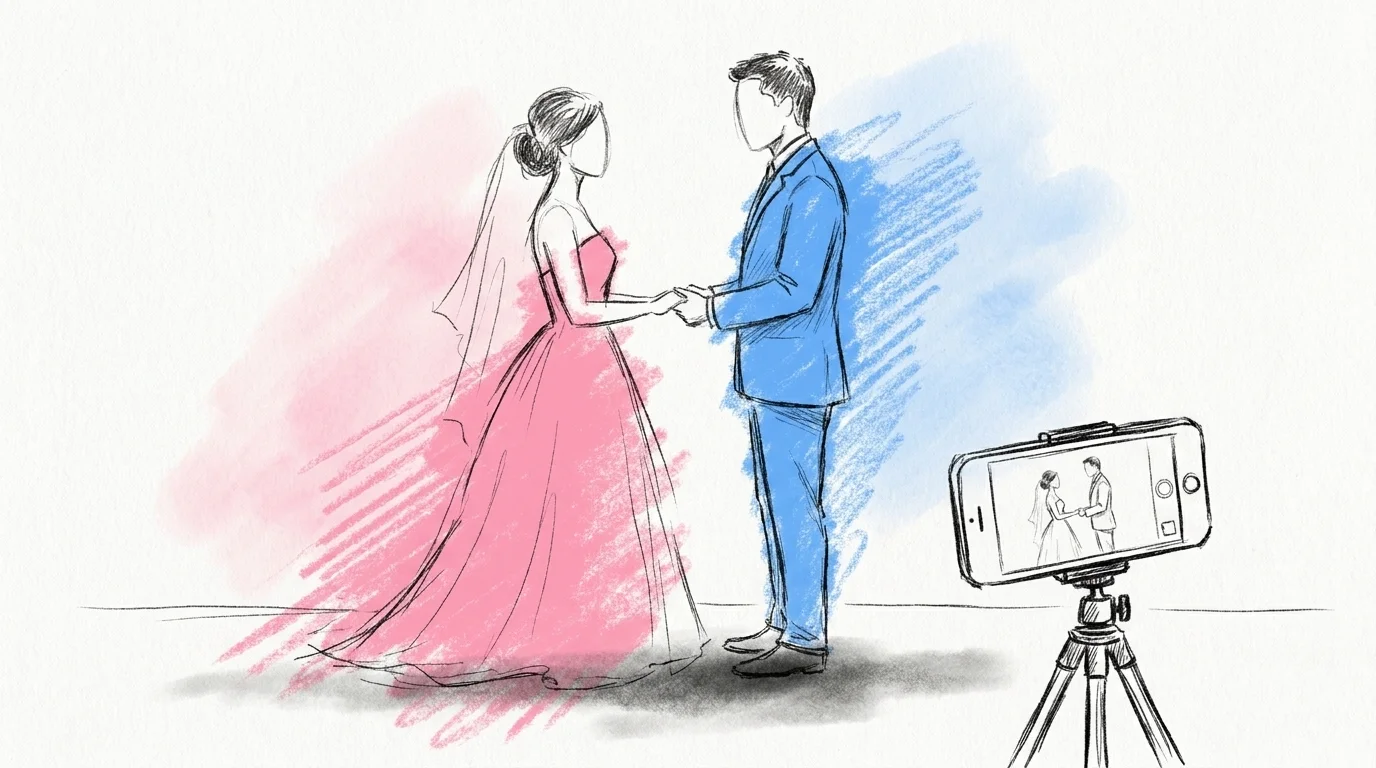 Bröllopsvigsel där en mobiltelefon står på ett litet stativ och filmar brudparet vid altaret, i Lovios rosa och blå illustrationsstil