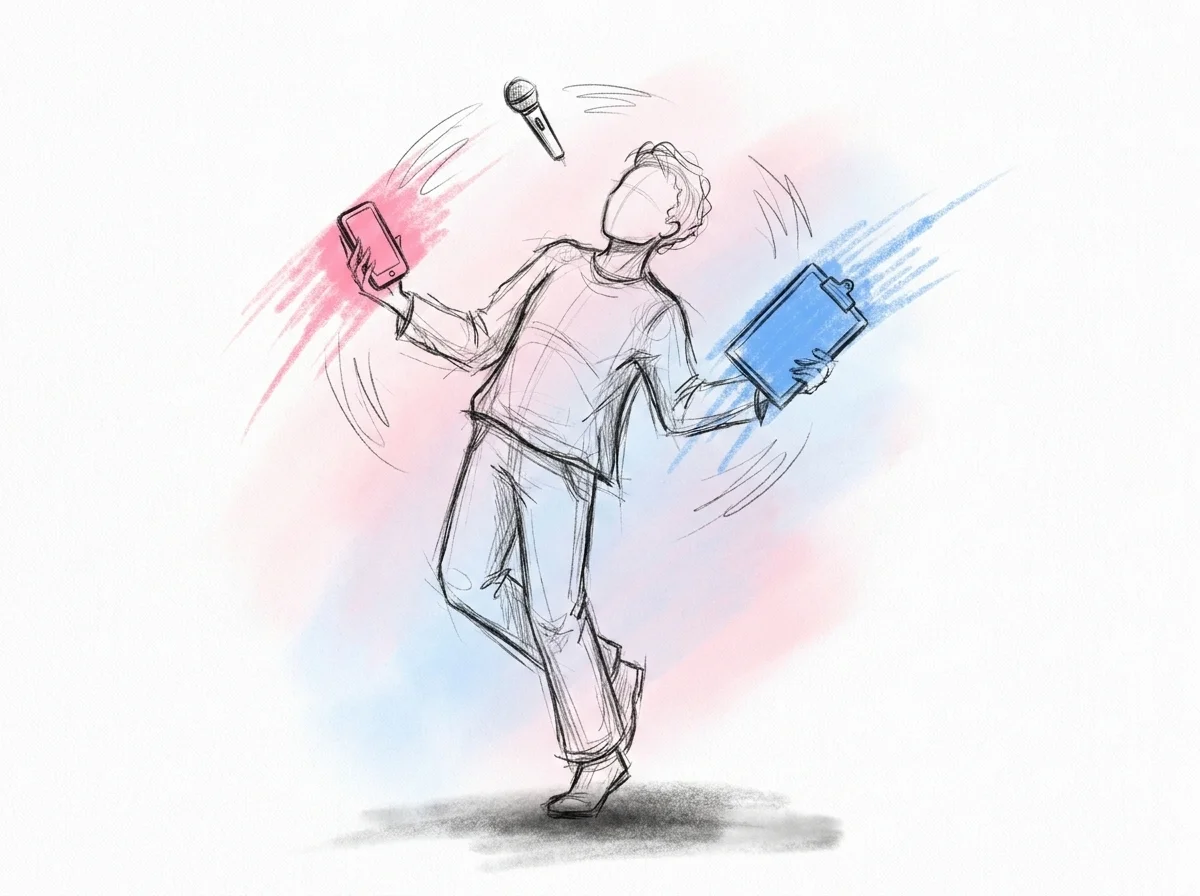 Person som balanserar en telefon, en mikrofon och en checklista samtidigt och ser överväldigad ut, i Lovios rosa och blå illustrationsstil