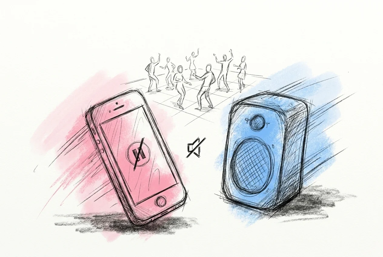 Telefon som streamar med en ljudsymbol och mute-ikon framför en dansande fest i bakgrunden, i Lovios rosa och blå illustrationsstil