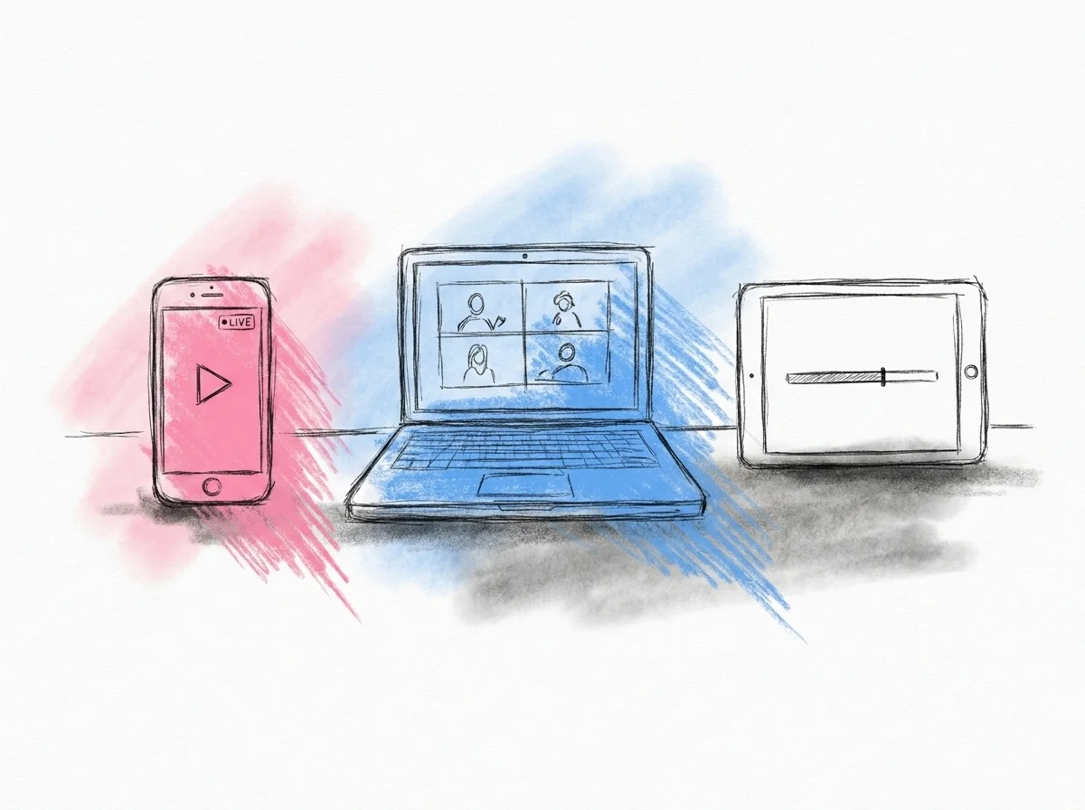 Tre enheter — mobil, laptop och surfplatta — som visar olika streamingsgränssnitt sida vid sida, i Lovios rosa och blå illustrationsstil