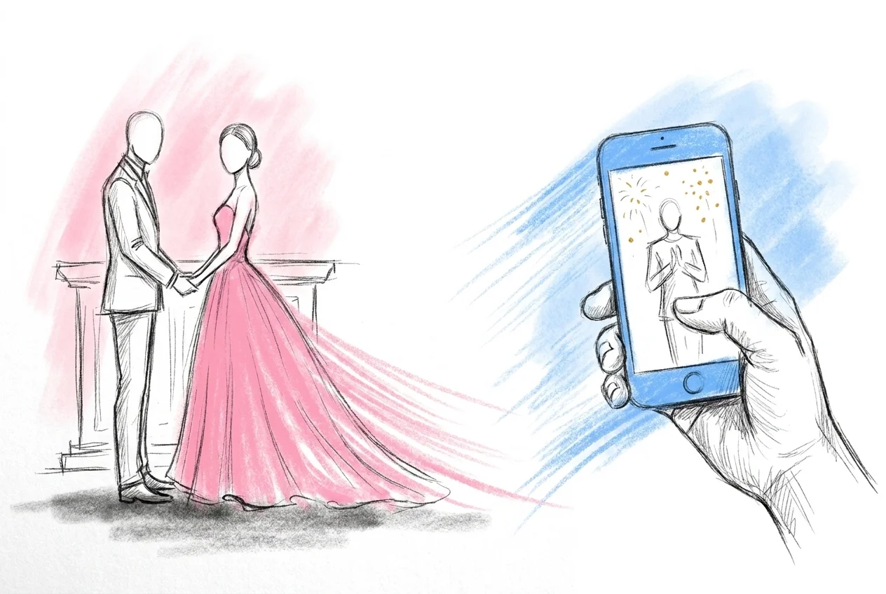 Delad bild av brudparet vid altaret och en telefonskärm som visar en leende distansgäst som ser samma ögonblick, i Lovios rosa och blå illustrationsstil
