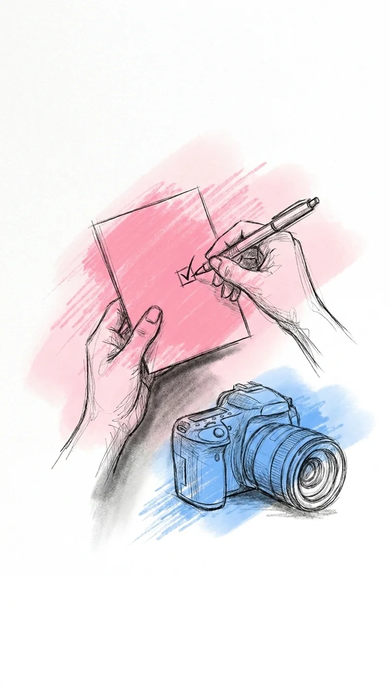 Hand som håller ett inbjudningskort med en ja/nej-fråga om filmning, med en kameralins bredvid, i Lovios rosa och blå illustrationsstil