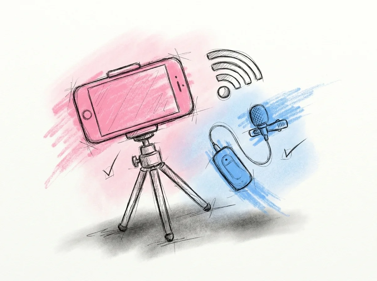 Utrustning för livestreaming — mobil på stativ, trådlös mygga och wifi-symbol — uppradade som en checklista, i Lovios rosa och blå illustrationsstil