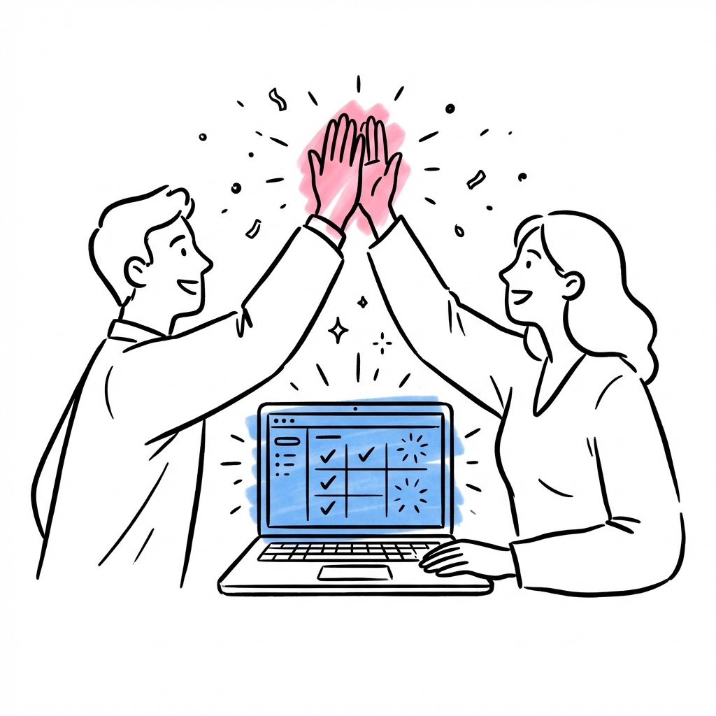 Par som high-fivar över en organiserad planeringsvy på laptop