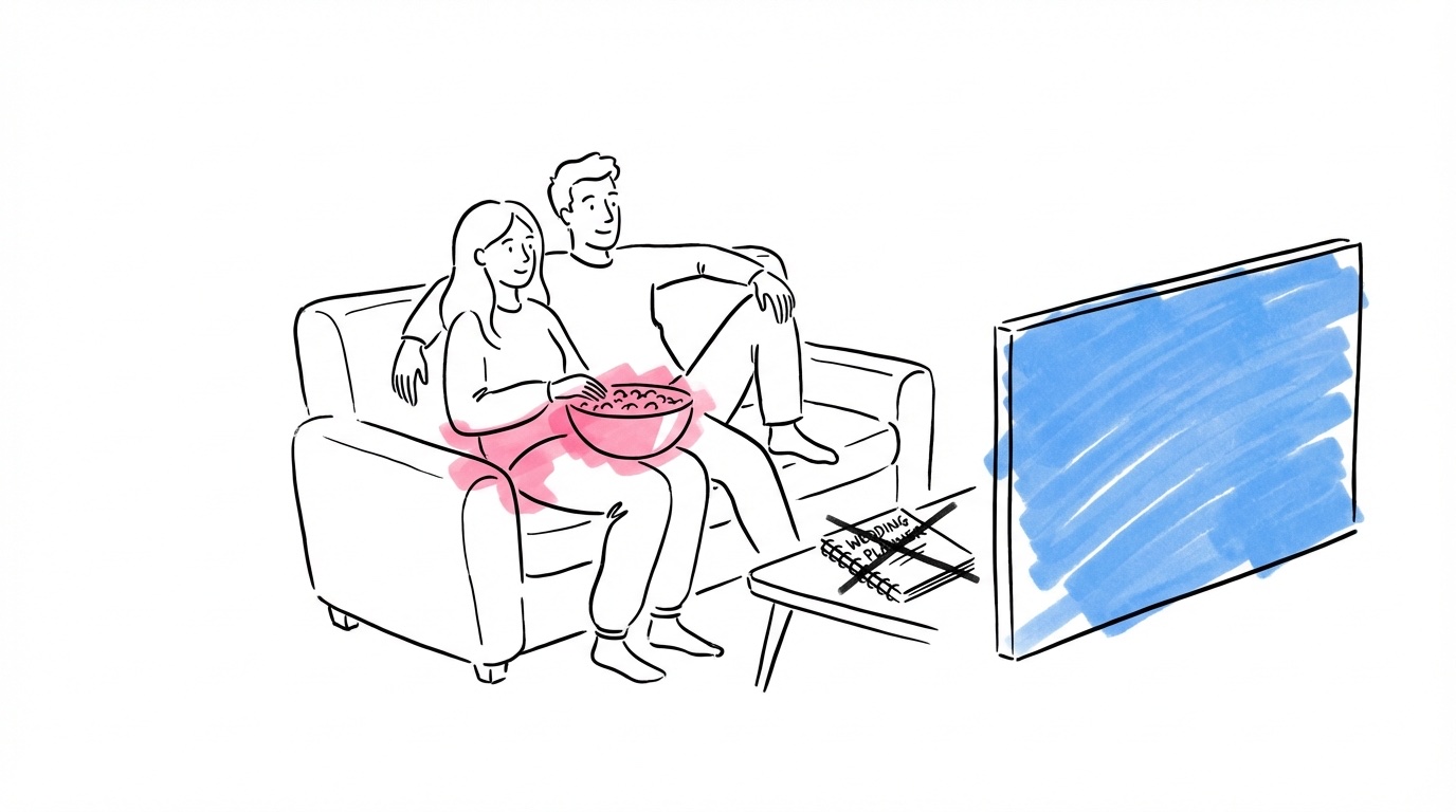 Par på soffan med popcorn och en överkryssad bröllopsplanerare på bordet