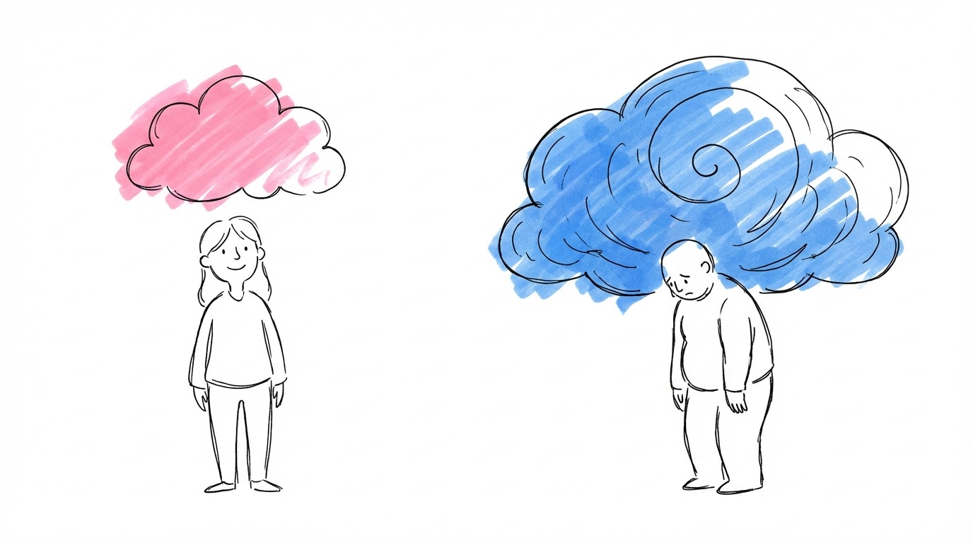 Två kontrastscener — person med litet orosmoln som ler, och person tyngd av stort stormmoln