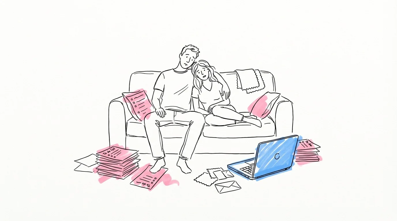 Par sitter i soffan omgivna av att-göra-listor, laptop och bröllopsplanering