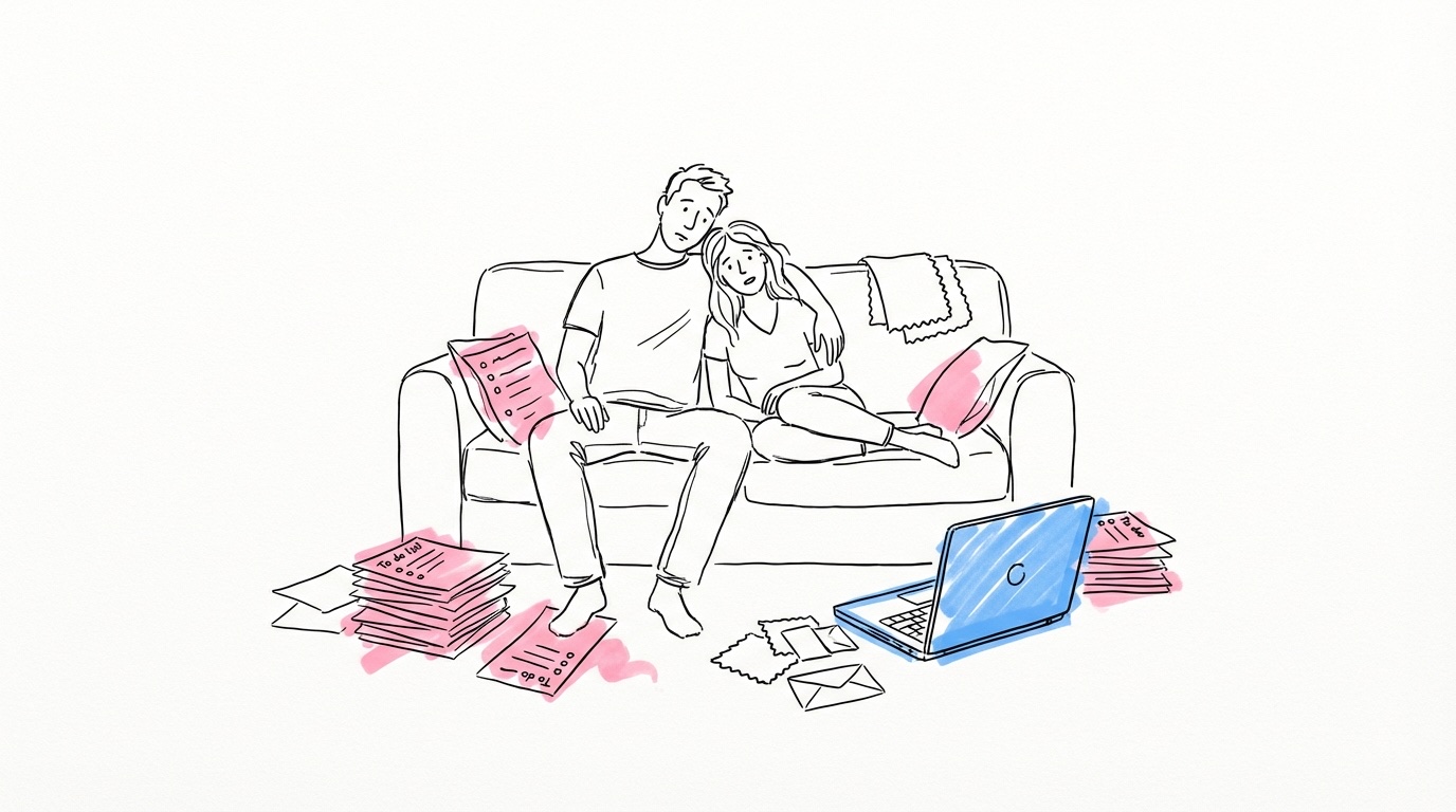 Par sitter i soffan omgivna av att-göra-listor, laptop och bröllopsplanering