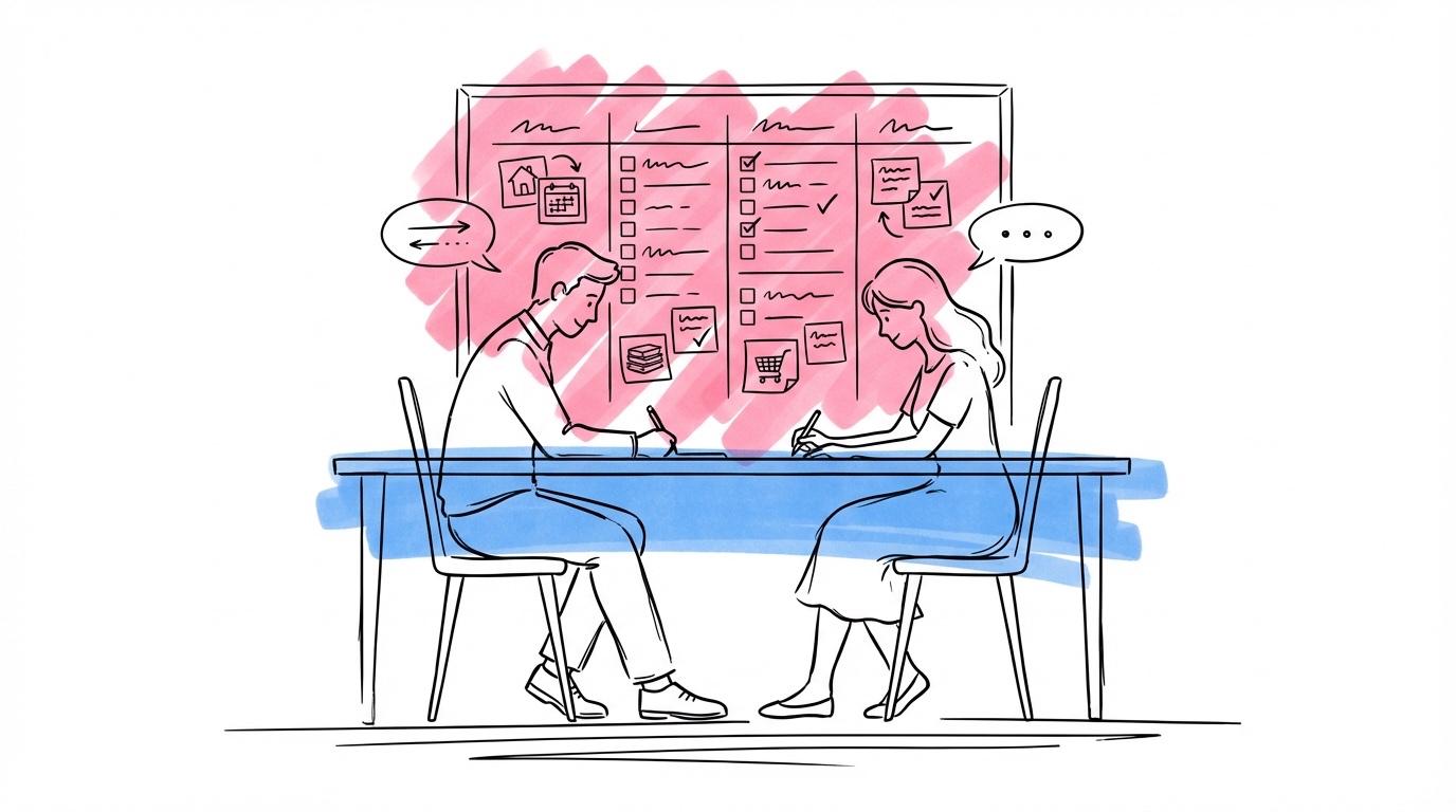 Par vid ett bord med en delad planeringsboard och tydlig checklista