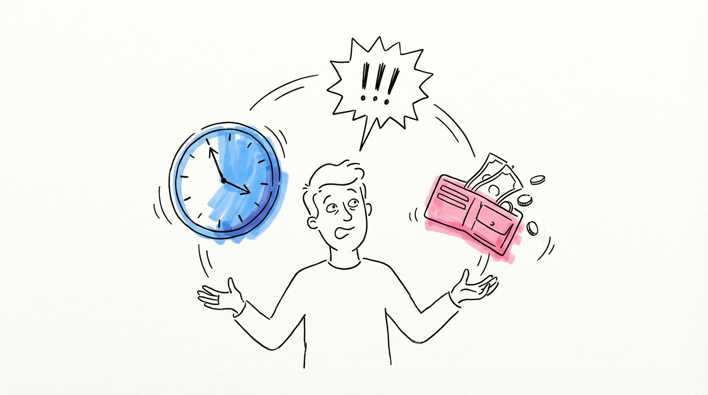 Person som balanserar klocka, pratbubbla och plånbok — visuell metafor för bröllopsstress