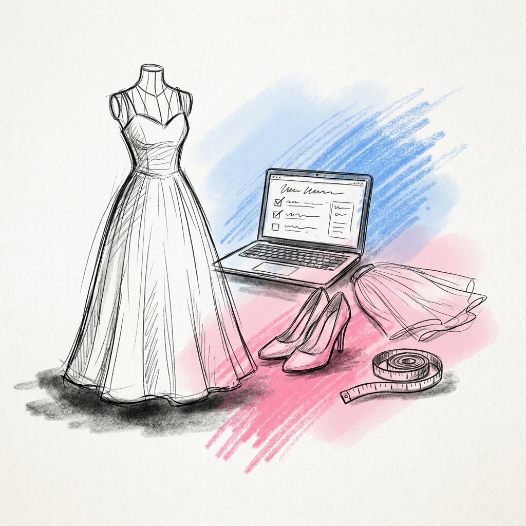 En svart brudklänning på en skyltdocka bredvid en laptop med en enkel budgetlista, skor, slöja och ett måttband, ritat i Lovios rosa och blå skissstil