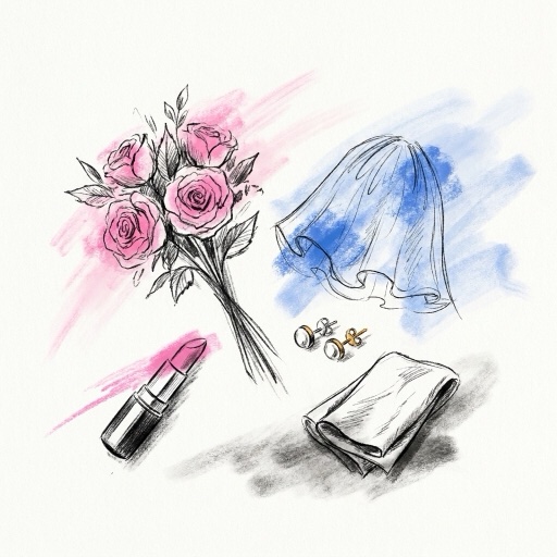En liten flat lay med vit bukett, läppstift, slöja och örhängen runt ett svart tygprov, ritat i Lovios rosa och blå skissstil