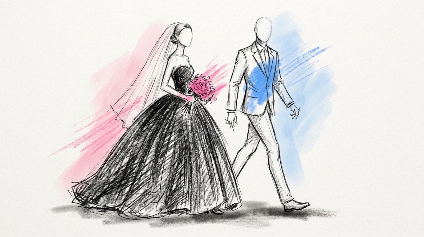 En brud i elegant svart brudklänning med lång slöja och bukett går bredvid sin partner i ljus kostym, ritat i Lovios rosa och blå skissstil