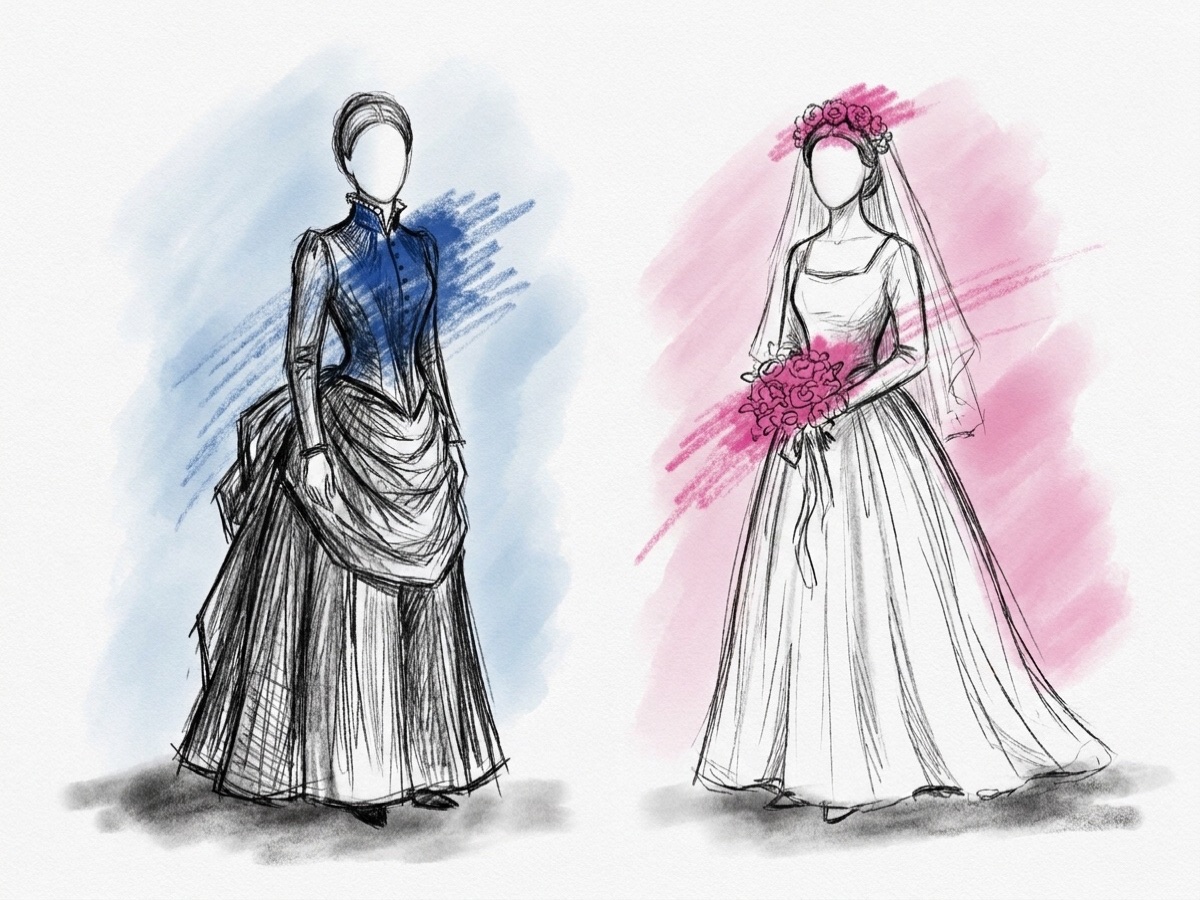 Två brudar i 1800-talsstil bredvid varandra, en i mörk högkragad klänning och en i vit klänning med krona, ritat i Lovios rosa och blå skissstil