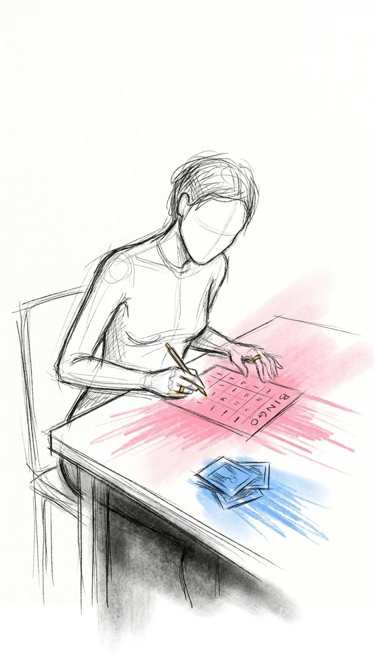 En person som handskriver några personliga rutor på ett bingobrickeutkast vid ett skrivbord, med ett par foton på vänner liggande bredvid, i Lovios rosa och blå illustrationsstil