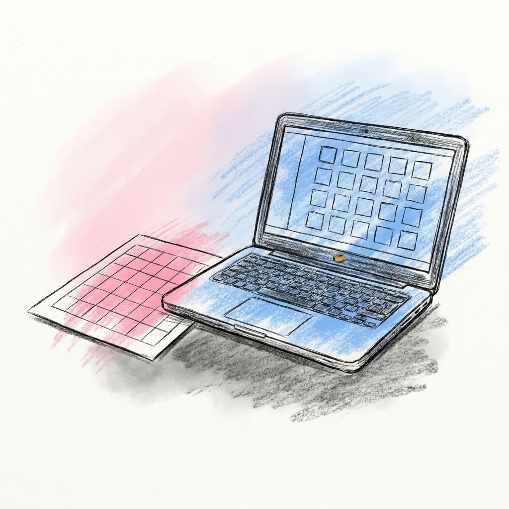 En bärbar dator öppen på ett dokument med ett rutnät av bingorutor på skärmen, bredvid en nyprintad bricka redo att delas ut, i Lovios rosa och blå illustrationsstil