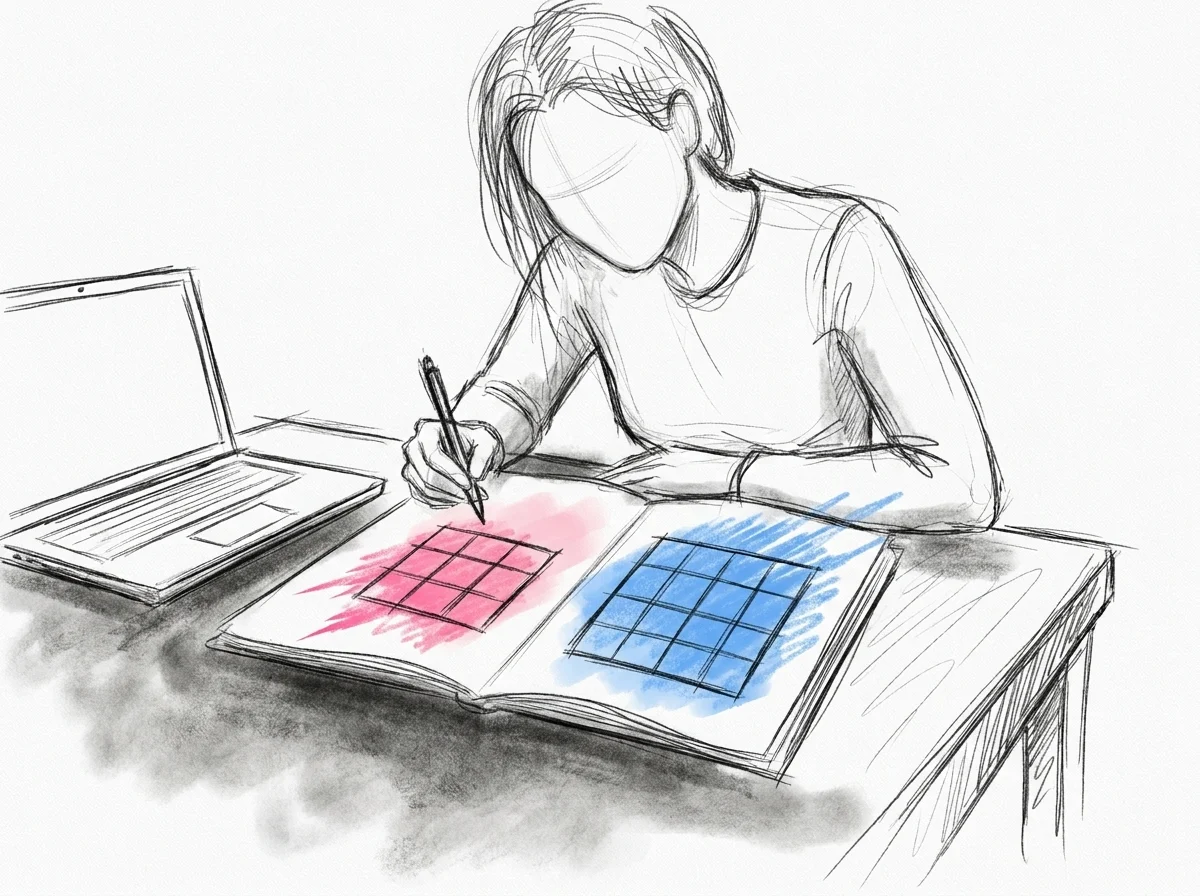En person vid en bärbar dator eller anteckningsbok som ritar upp ett litet rutnät bredvid ett större, och jämför de två storlekarna sida vid sida, i Lovios rosa och blå illustrationsstil