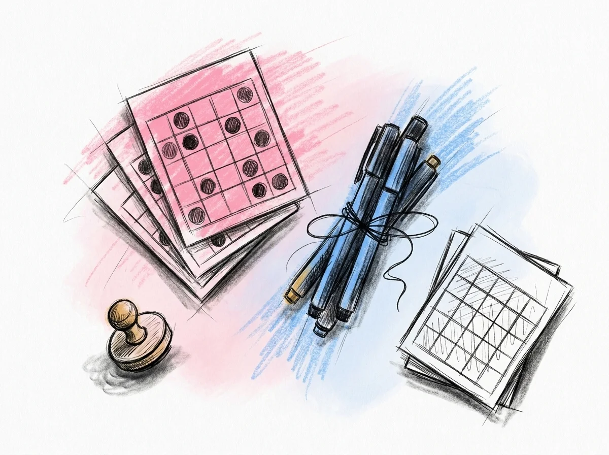 Ett platt upplägg av material till bingobrickor — några tjocka pappkort, pennor knutna med snöre, en liten stämpel och en hög extra brickor, i Lovios rosa och blå illustrationsstil