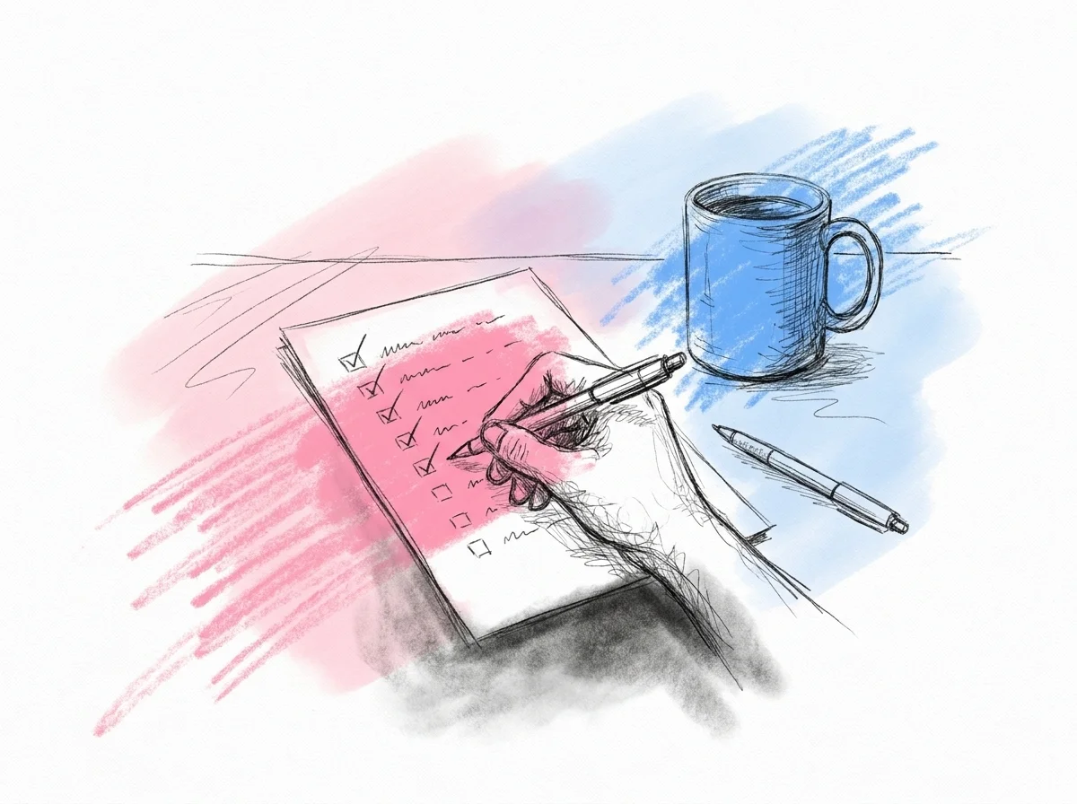 Närbild på en hand som kryssar i rutor på en printad lista med korta rader grupperade under några rubriker, med en penna vilande på bordet bredvid, i Lovios rosa och blå illustrationsstil