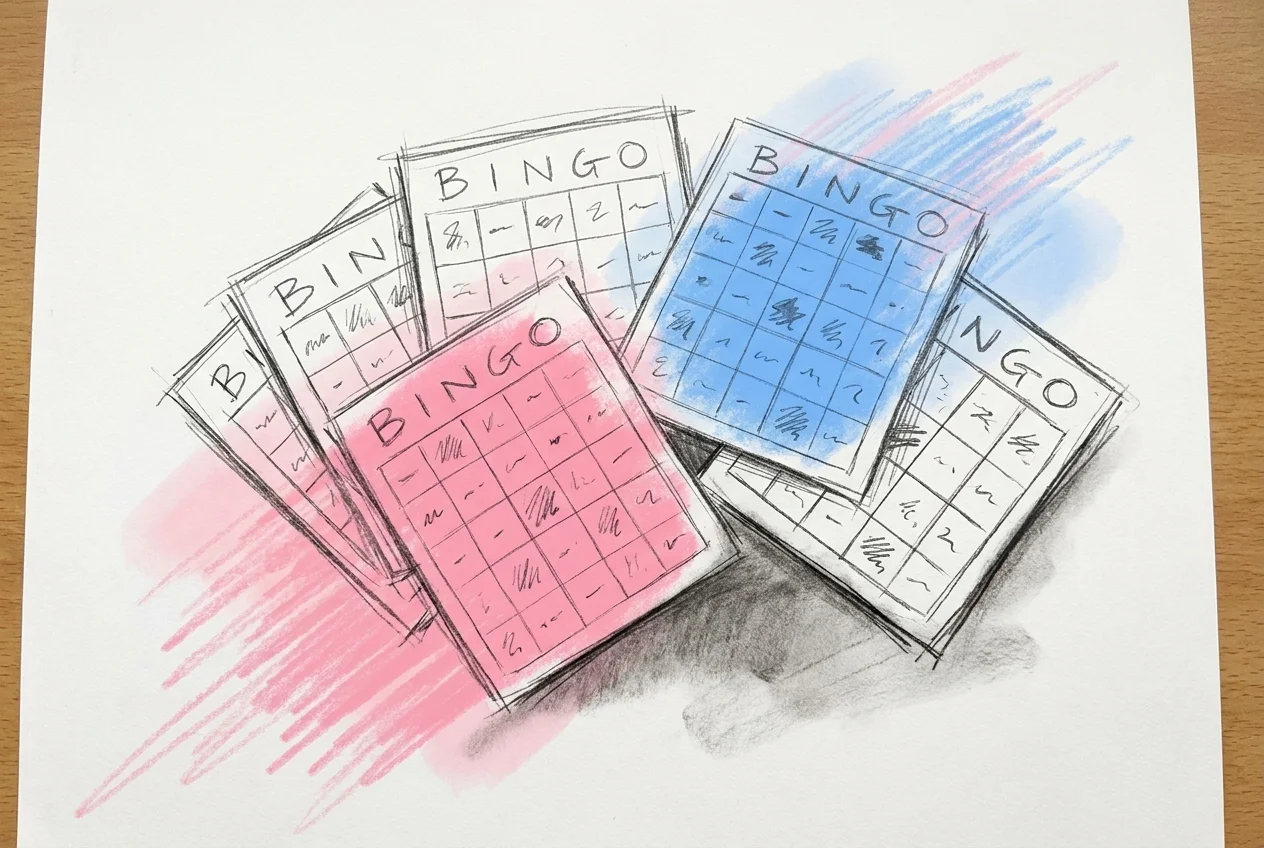 Flera olika printade bingobrickor utspridda på ett bord, var och en med rutorna synligt arrangerade i olika ordning, i Lovios rosa och blå illustrationsstil