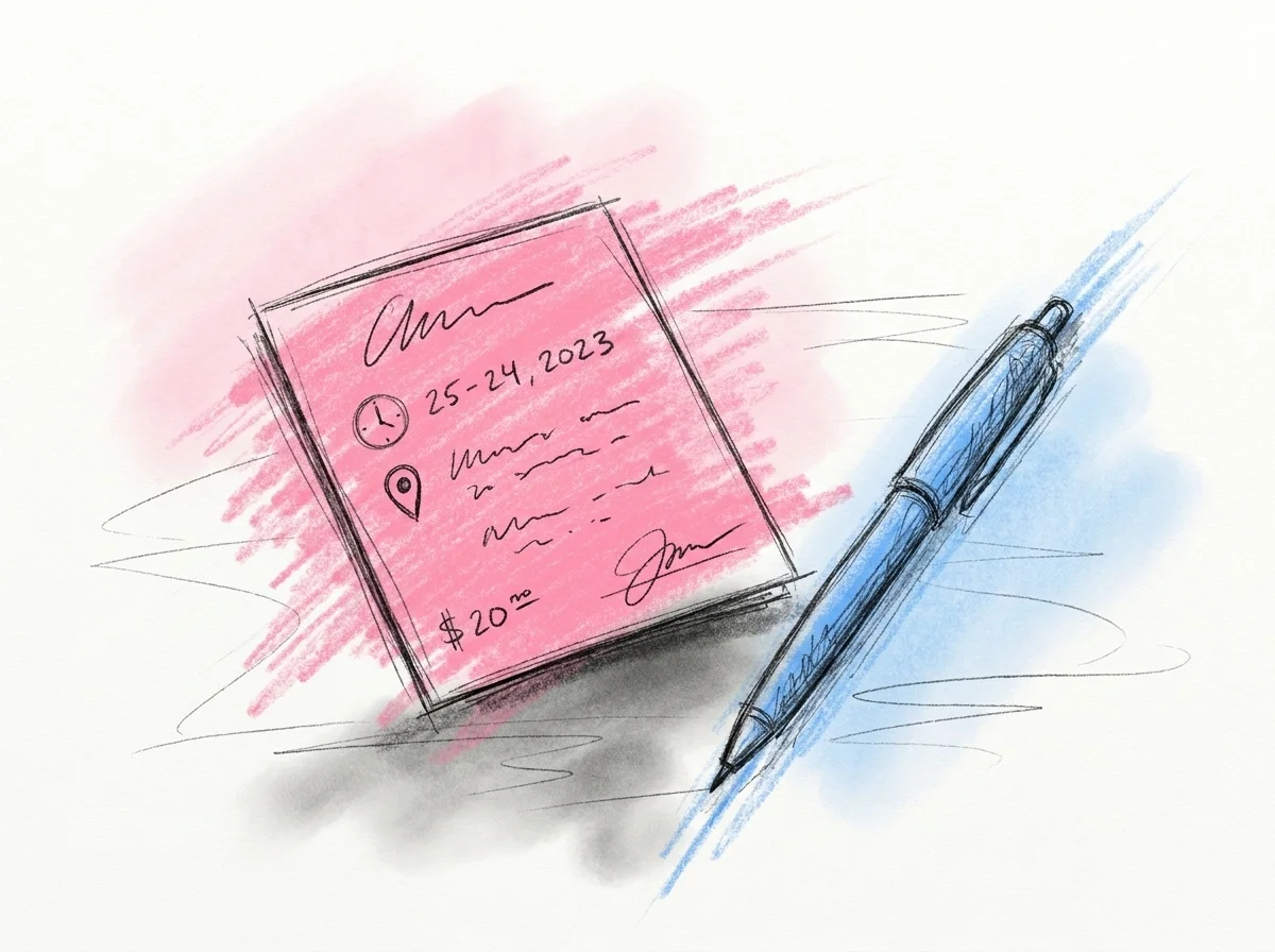 Ett enda inbjudningskort liggande platt, där raderna står för nyckeldetaljerna — ett datum, en klocka, en platsmarkör, en liten prisnotering och en signatur, i Lovios rosa och blå illustrationsstil
