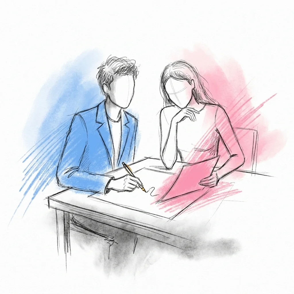 Vänner färdigställer en inbjudan tillsammans i ett delat dokument, en lägger sista handen medan en annan nickar gillande, i Lovios rosa och blå illustrationsstil