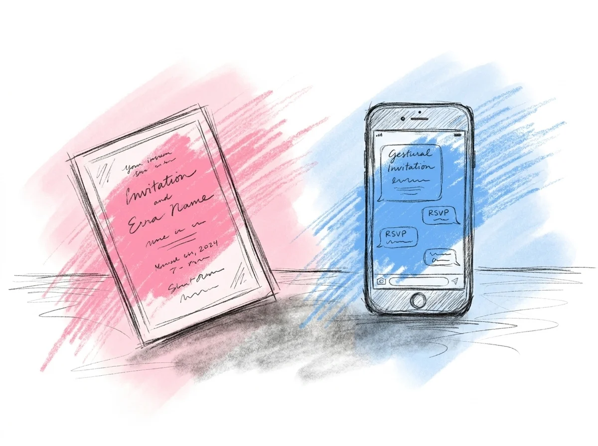 En telefon som visar en digital inbjudan med OSA-svar bredvid ett enda tryckt inbjudningskort på bordet, en lugn sida-vid-sida-jämförelse, i Lovios rosa och blå illustrationsstil