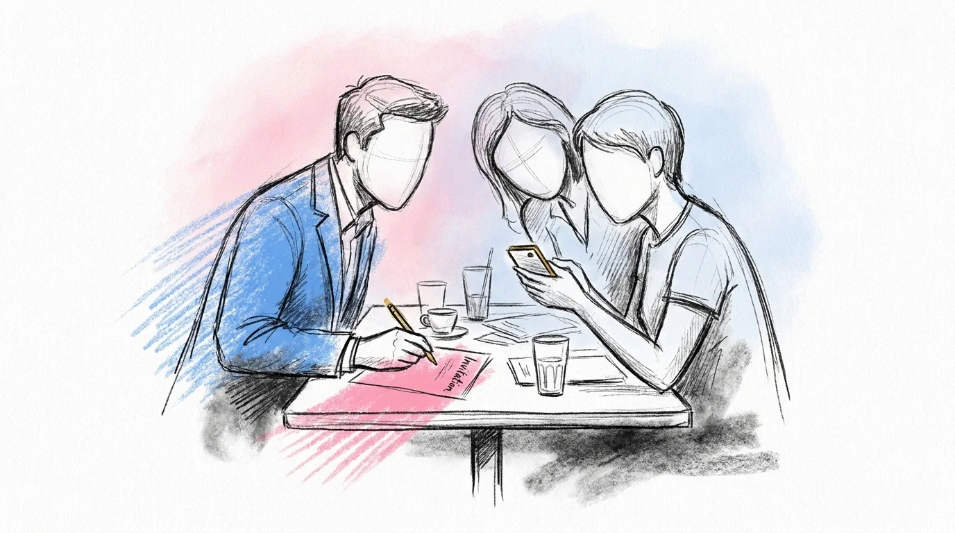 Tre vänner lutar sig över ett bord och planerar en svensexa-inbjudan tillsammans, en håller en penna över ett kort och en annan kollar sin telefon, med glas och papper emellan, i Lovios rosa och blå illustrationsstil