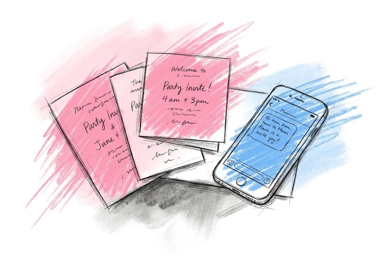 En liten solfjäder av olika inbjudningsformat utspridda tillsammans — ett par tryckta kort och en telefon som visar en kort sms-inbjudan, i Lovios rosa och blå illustrationsstil