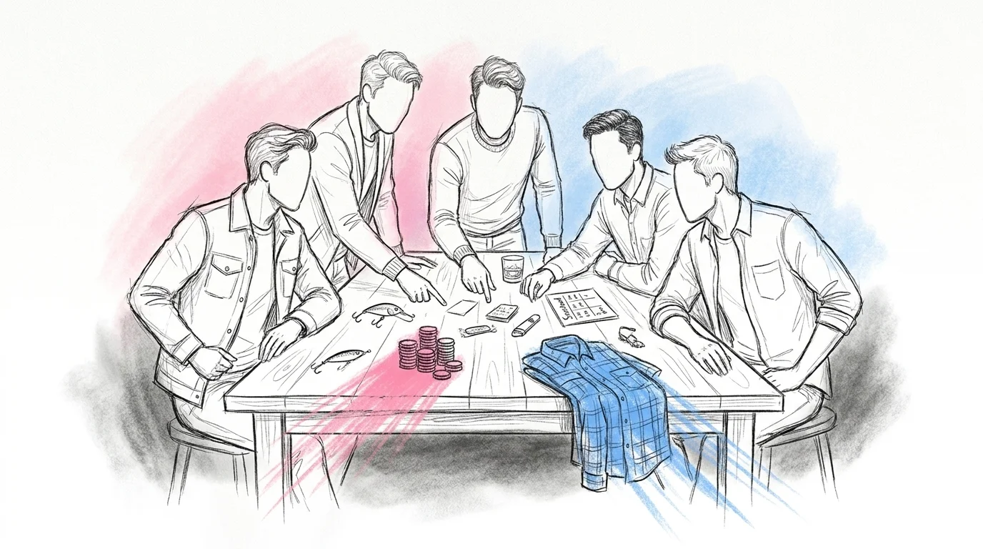 En grupp vänner samlade runt ett bord fullt av minnen från olika svensexa tema — en stapel pokermarker, ett fiskedrag, en vikt flanellskjorta, ett whiskeyglas och en liten poängtavla — pekar och jämför alternativ tillsammans