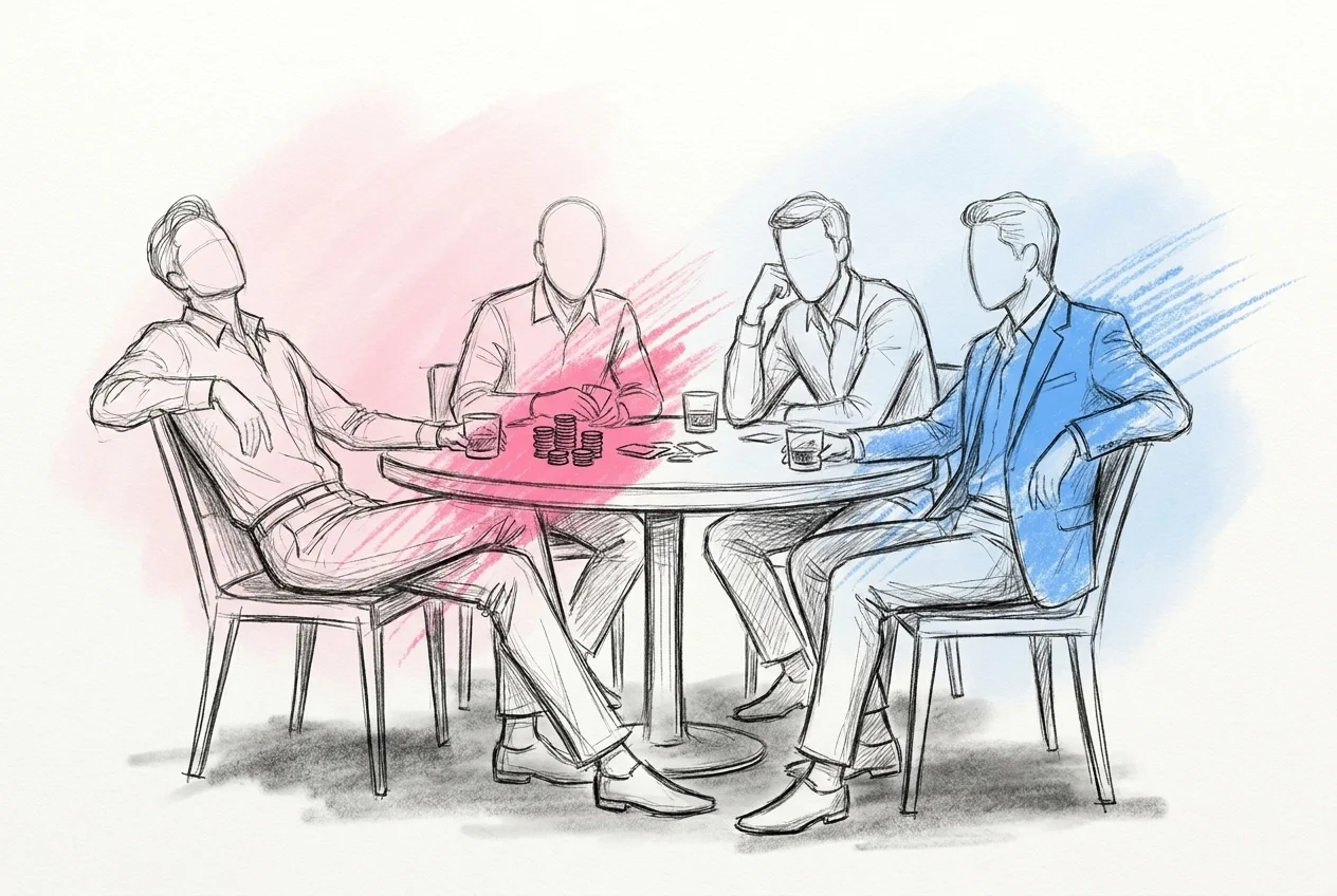 En liten grupp män i kavaj sitter runt ett kortbord med whiskeyglas och pokermarker, avslappnade och sammansatta, lågmäld sofistikerad stämning
