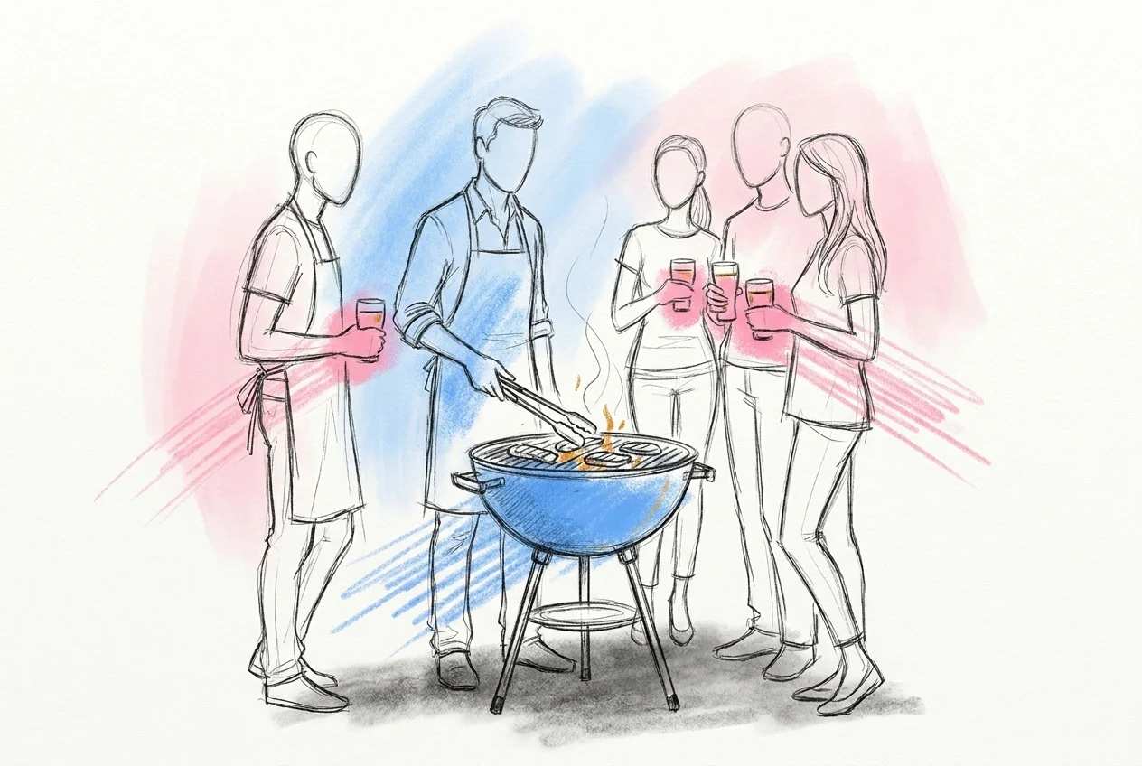 Vänner samlade runt en grill i förkläden, en håller en tång, andra smakar från små ölglas bredvid, praktiskt och avslappnat