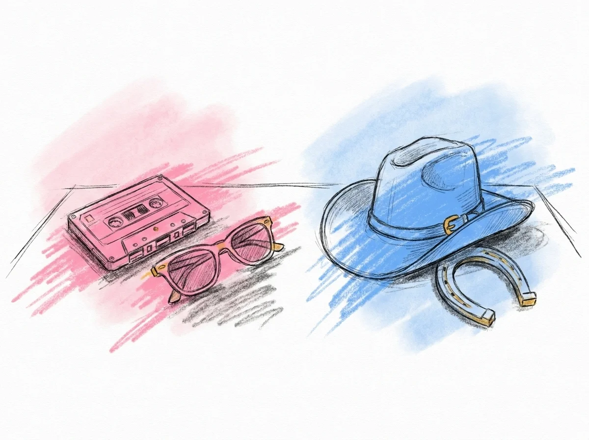 Ett bord som blandar retro-rekvisita från båda teman — ett kassettband och ett par solglasögon bredvid en cowboyhatt och en hästsko, lekfull nostalgisk stämning