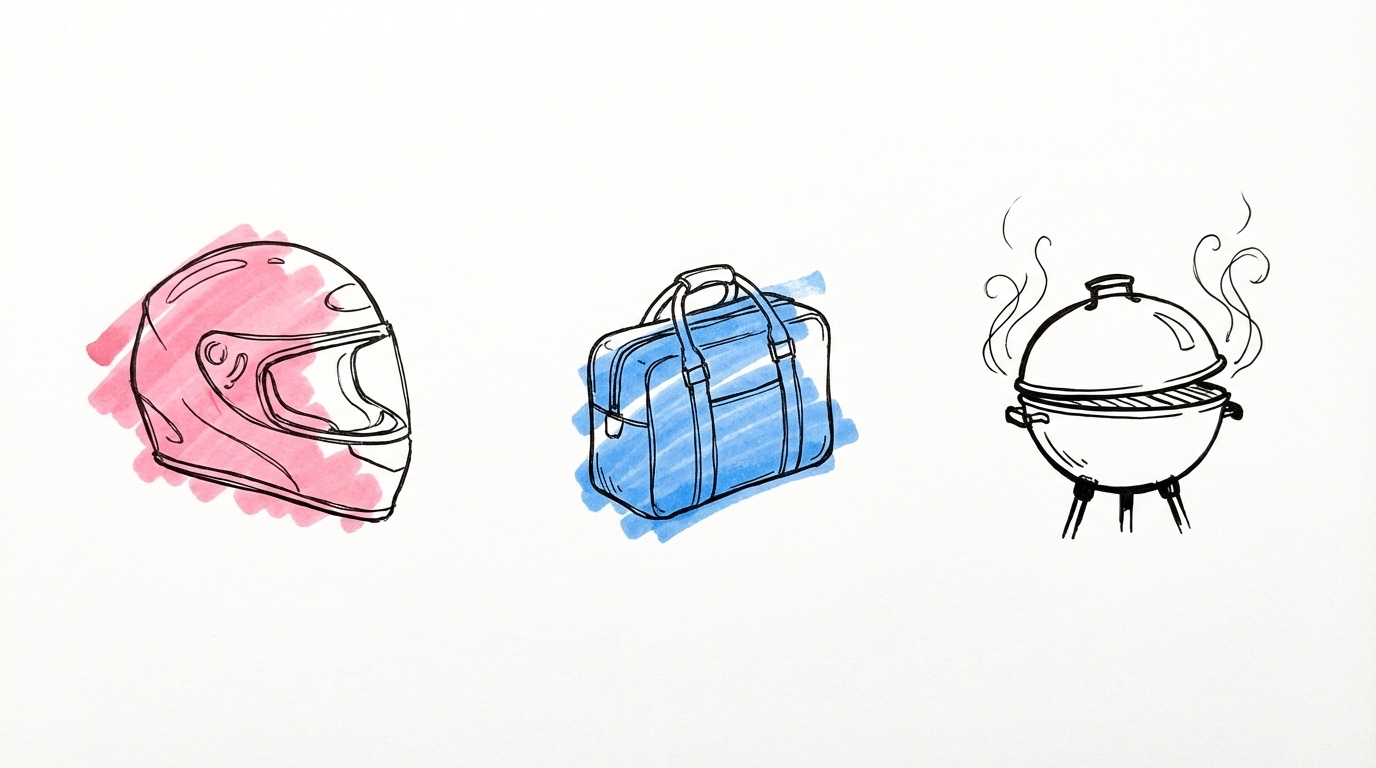 Tre vinjetter — racinghjälm, resväska och grill — moderna svensexatrender