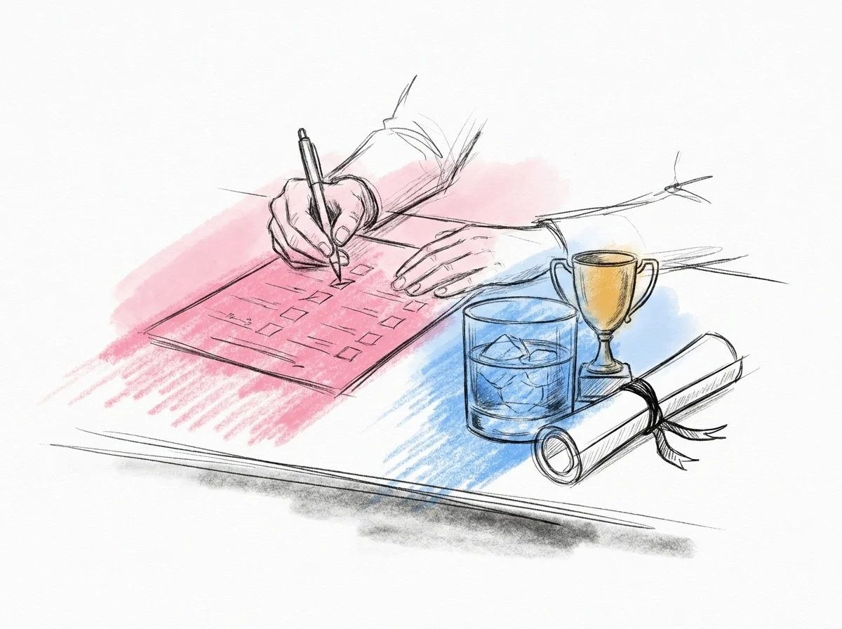 En utsedd domare bockar av poäng på ett poängprotokoll med penna, med en liten pokal eller whiskyglas och ett diplom bredvid