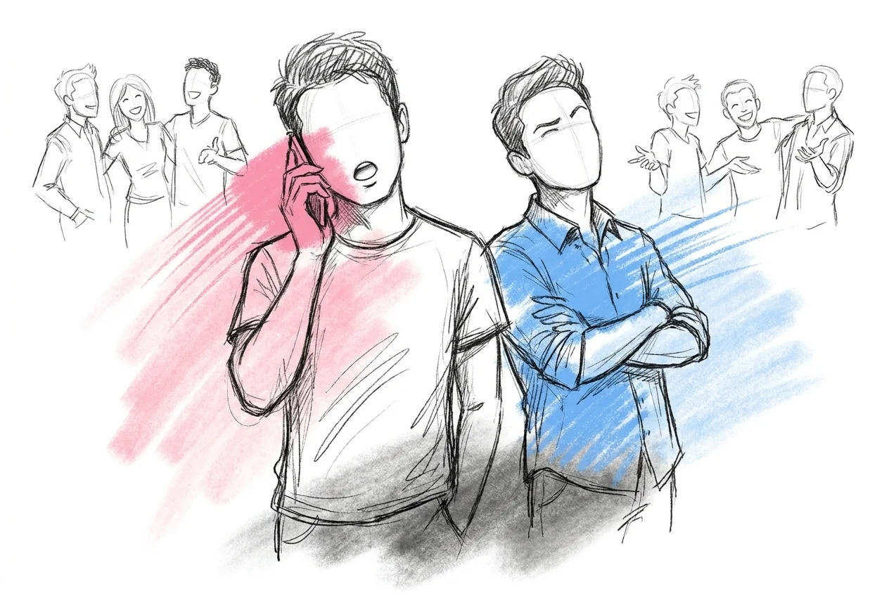 En kille håller upp en telefon som mitt i ett samtal till bruden, medan en annan gör en överdriven imitation av brudgummens signaturgest inför gruppen