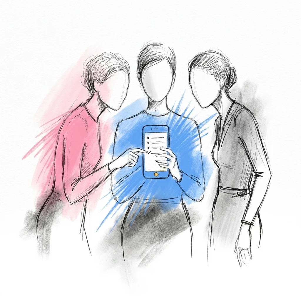 Tre vänner tittar tillsammans på en telefon som visar en delad checklista, en av dem lägger till en rad