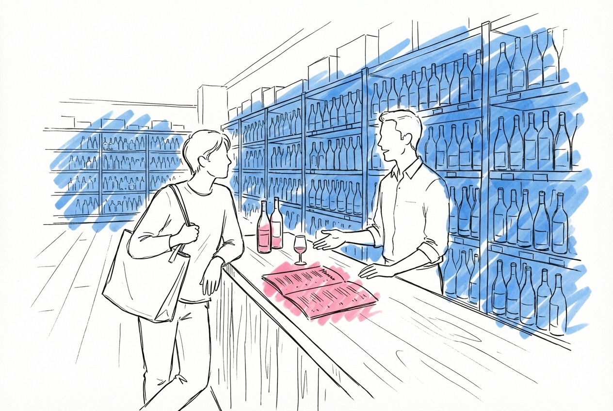 Kund talar med Systembolagspersonal vid provningsdisk i stor butik, vinhyllor sträcker sig bort i bakgrunden, meny uppslagen mellan dem, i Lovios rosa och blå illustrationsstil