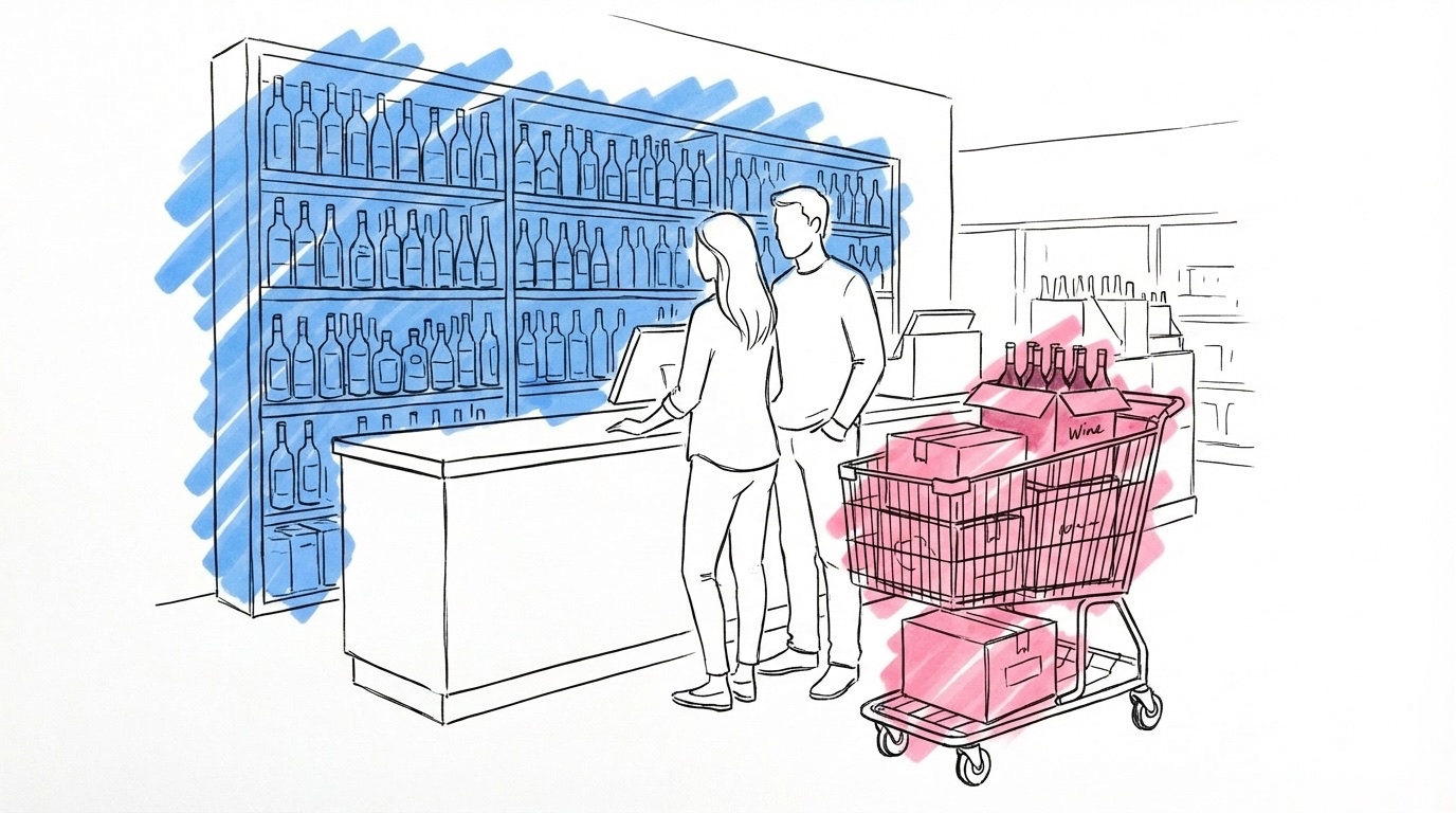 Par vid Systembolagets upphämtningsdisk med vagn full av vinlådor och ölbackar, i Lovios rosa och blå illustrationsstil