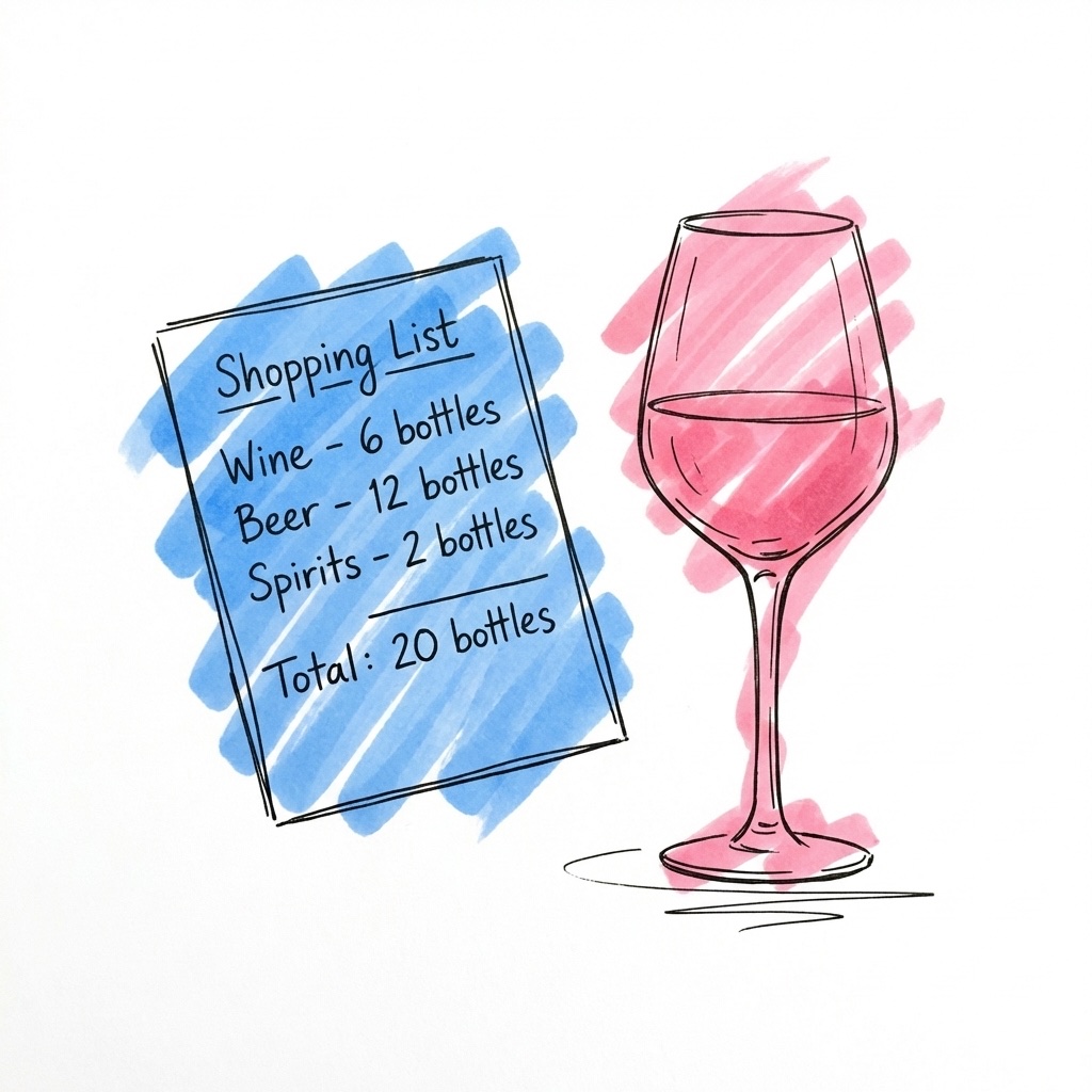 Snygg inköpslista på papper med flaskkvantiteter och totaler, bredvid ett stiliserat bubbelglas, i Lovios rosa och blå illustrationsstil