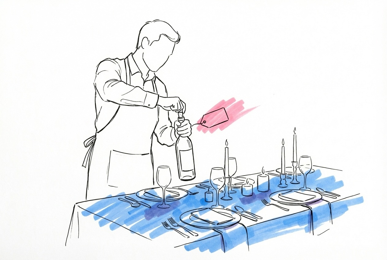 Servitör i förkläde drar ur en kork på vinflaska vid middagsbord med ljus och tallrikar, liten prislapp svävar vid flaskan, i Lovios rosa och blå illustrationsstil