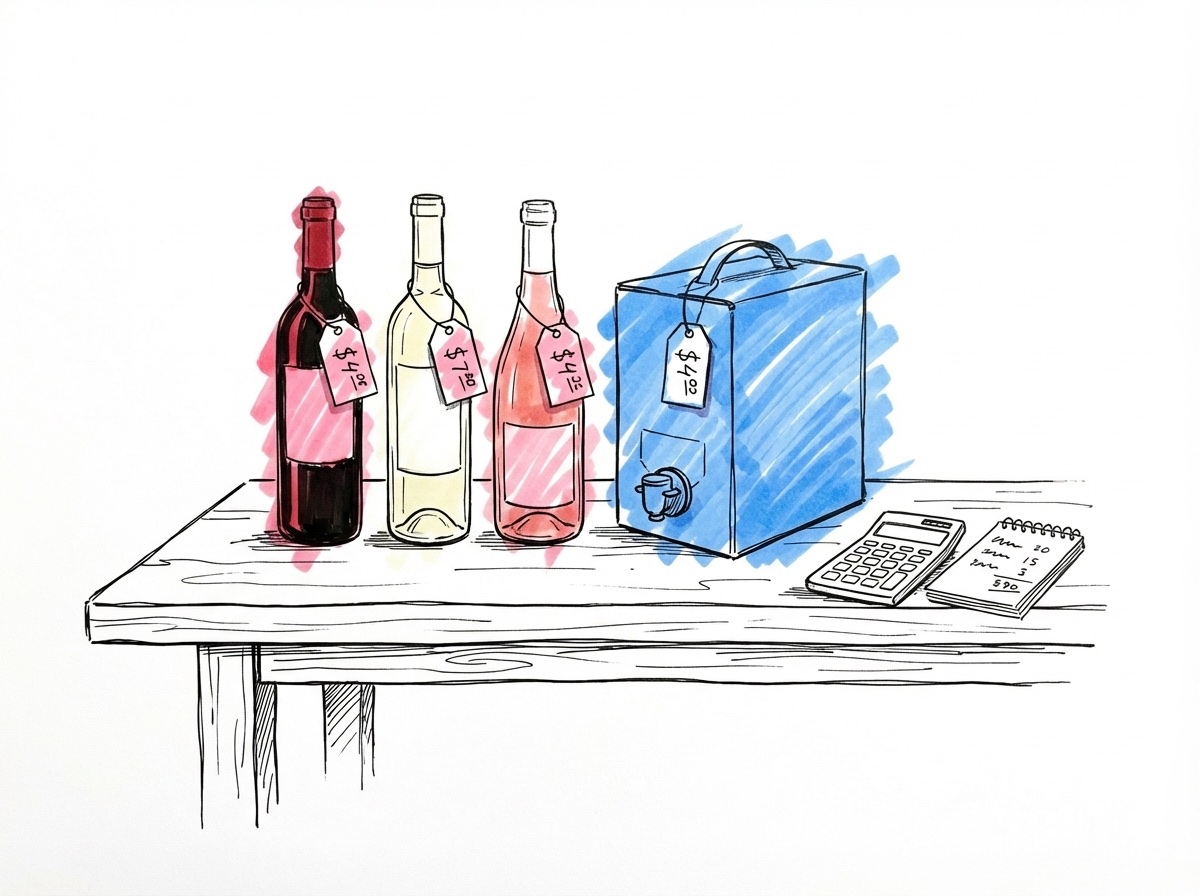 Tre vinflaskor och en bag-in-box uppradade på bord med prislappar, kalkylator och anteckningsblock bredvid, i Lovios rosa och blå illustrationsstil