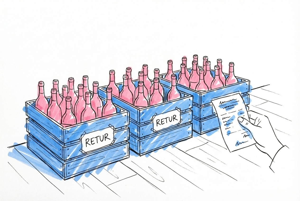 Träbackar med oöppnade vinflaskor och handskrivna RETUR-skyltar, en hand håller kvitto bredvid en back, i Lovios rosa och blå illustrationsstil