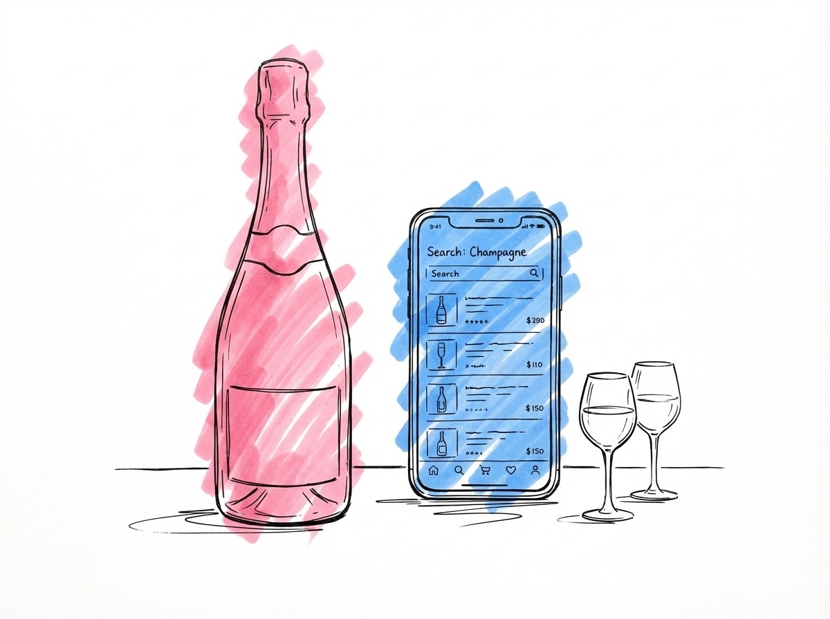 Elegant champagneflaska bredvid mobil som visar sökresultat för produkten, vinglas i förgrunden, i Lovios rosa och blå illustrationsstil