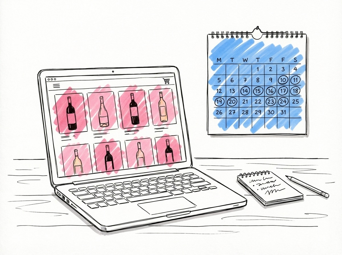 Laptop på köksbord med Systembolagets webbshop öppen, kalender bredvid markerar datum tre veckor framåt, i Lovios rosa och blå illustrationsstil