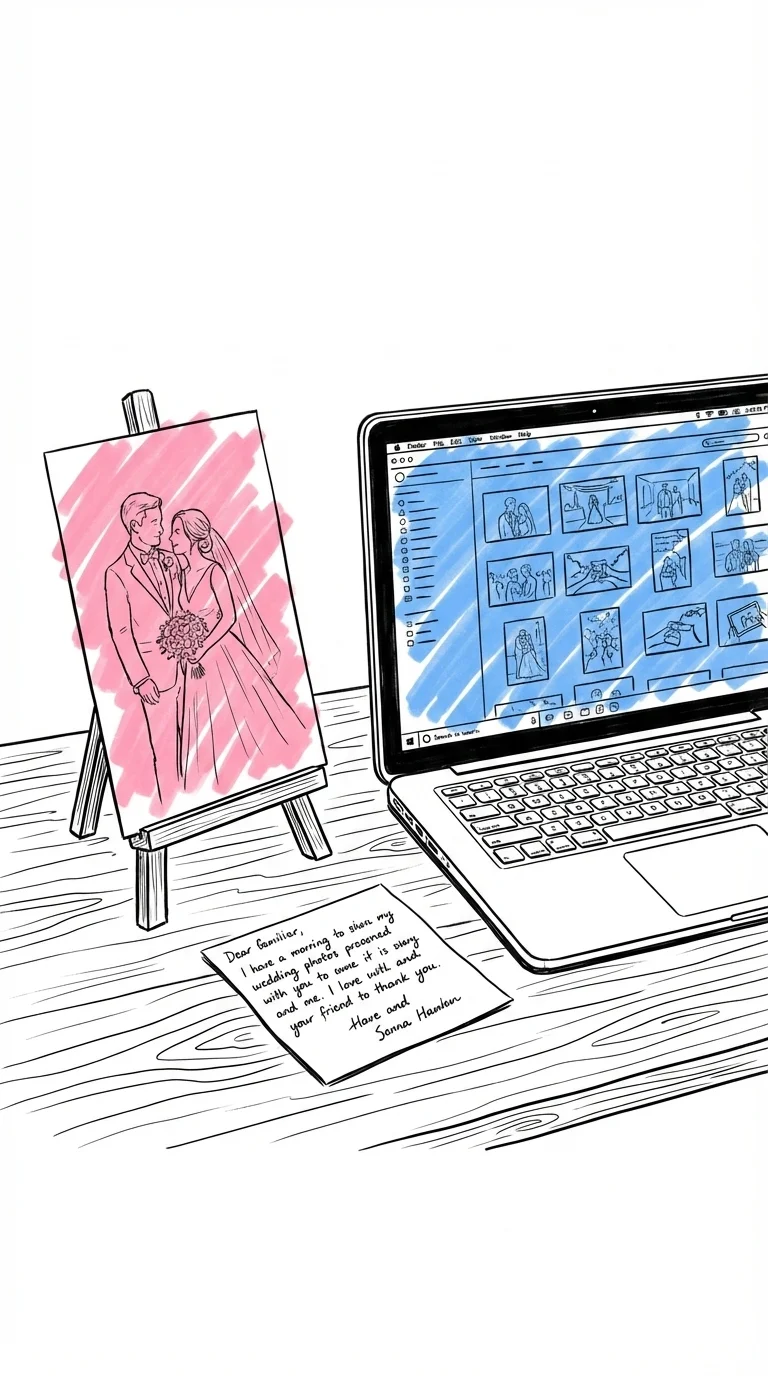 Utskrivet bröllopsfoto lutande mot staffli, laptop med gallerigrid och ett synligt mejlutkast bredvid