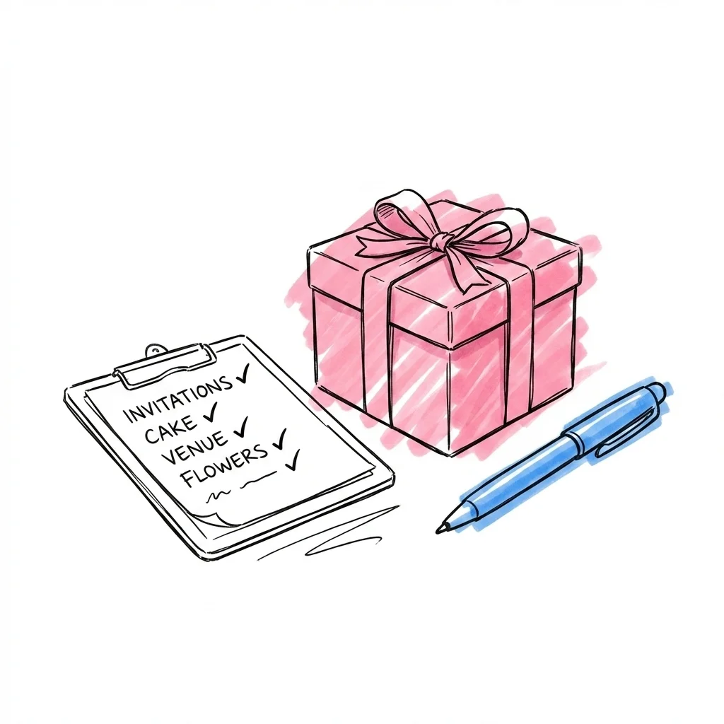 Planeringstavla med avbockade uppgifter, en liten presentask och en penna bredvid