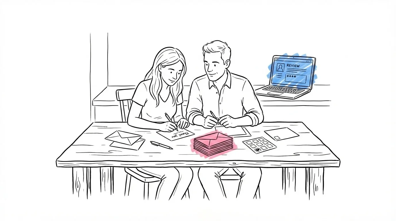 Nygift par skriver tackkort vid köksbord med kuvert, frimärken och en laptop öppen på en omdömessida