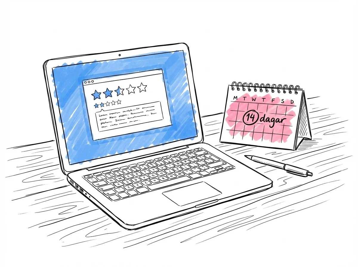 Laptop med stjärnbetyg och skrivet omdöme, kalender bredvid med 14 dagar inringat