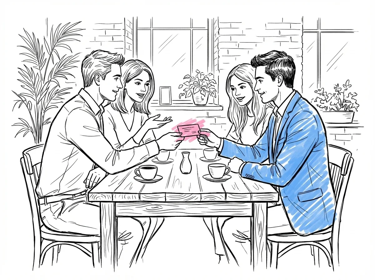 Två par vid cafébord, ena paret pekar mot ett visitkort som räcks till det andra paret